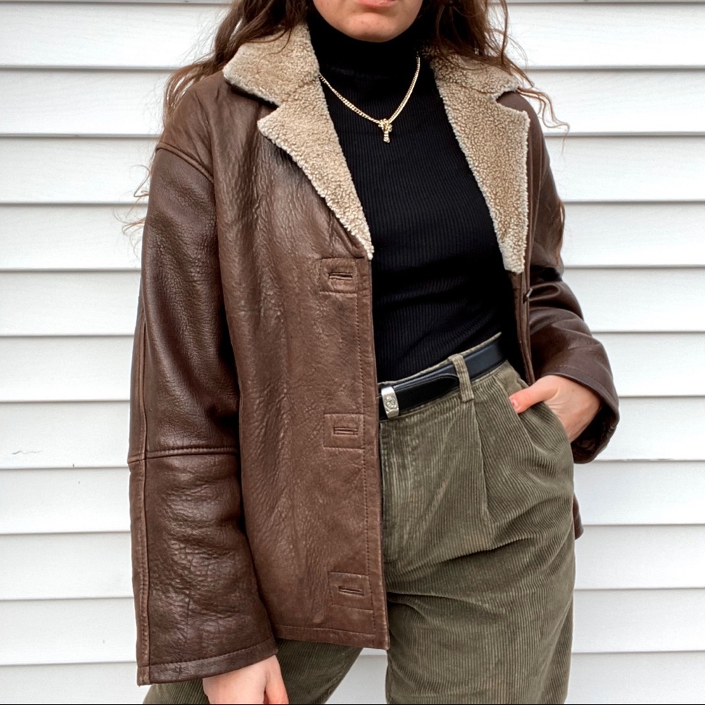 Vintage Brown Leather Sherpa Collar Coat Jacket